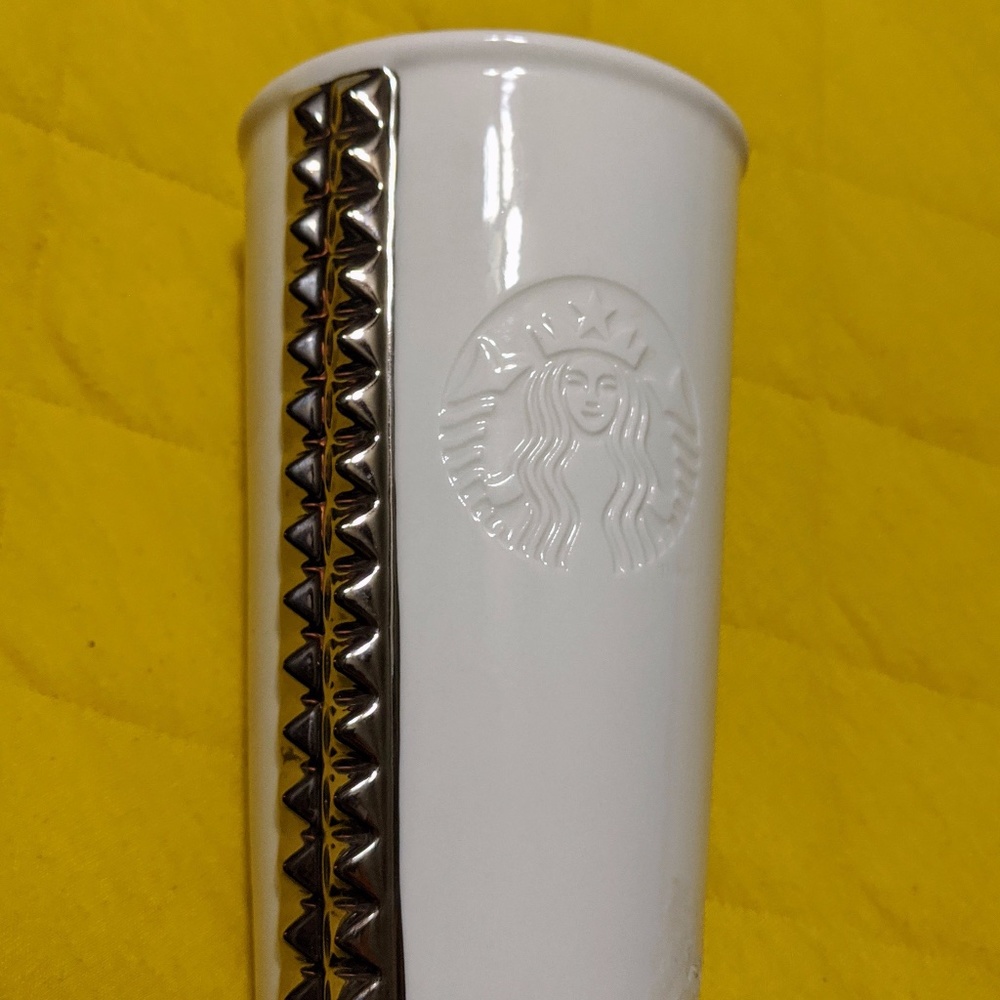 Starbucks 2014 White Ceramic Silver Studded Travel Coffee Studs 10 oz Mug No Lid